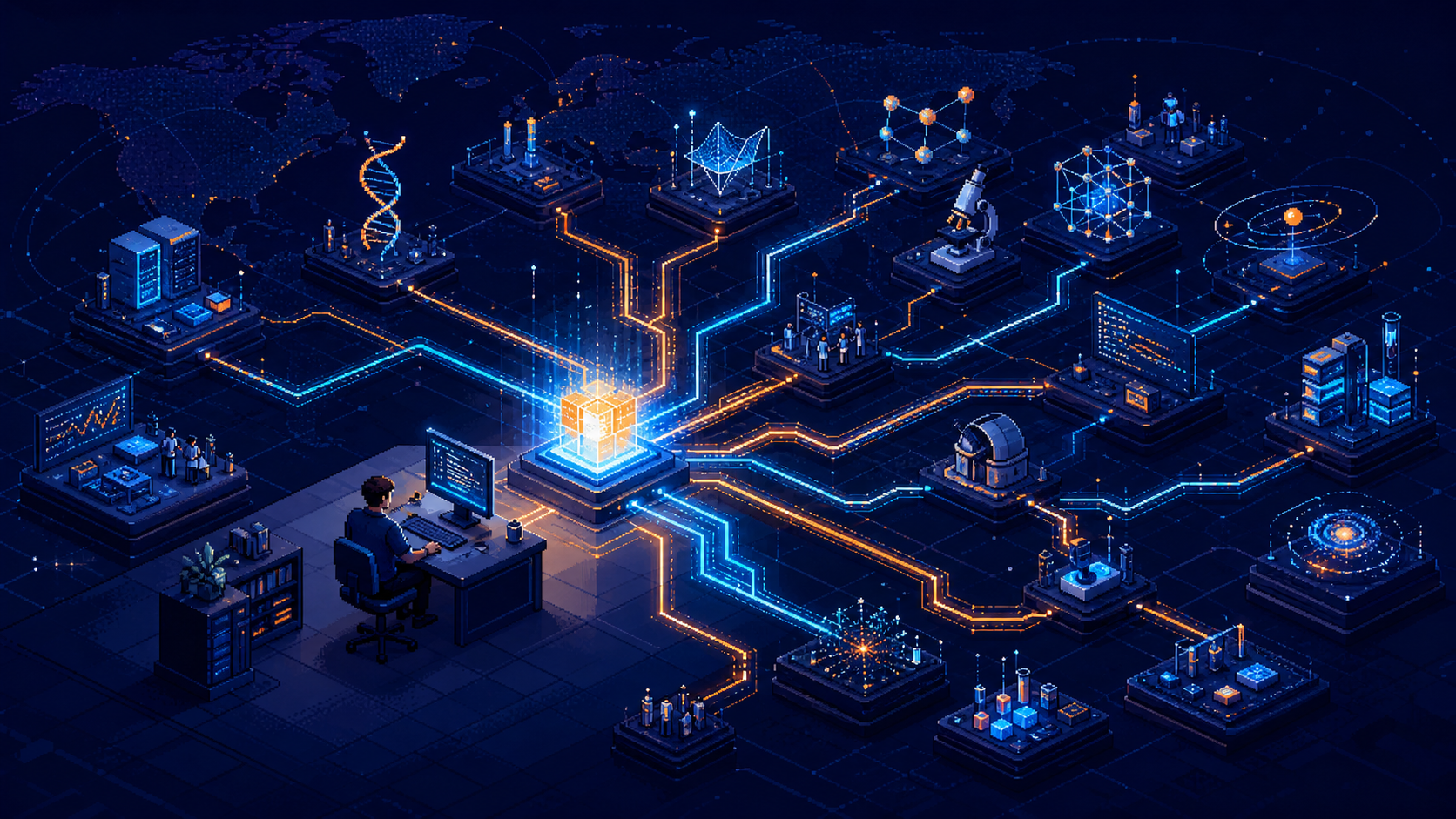 Pixel-art research network connecting one scientist to a global AI-assisted scientific infrastructure